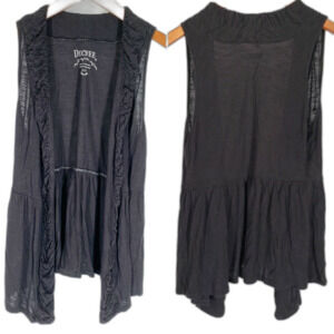Decree S Top Solid Black Sleeveless Layer with Peplum Open Front Festivals!